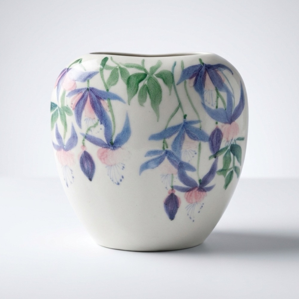 Vintage Signed Studio Pottery Vase Fuchsia Floral Hand Painted Watercolor 80s